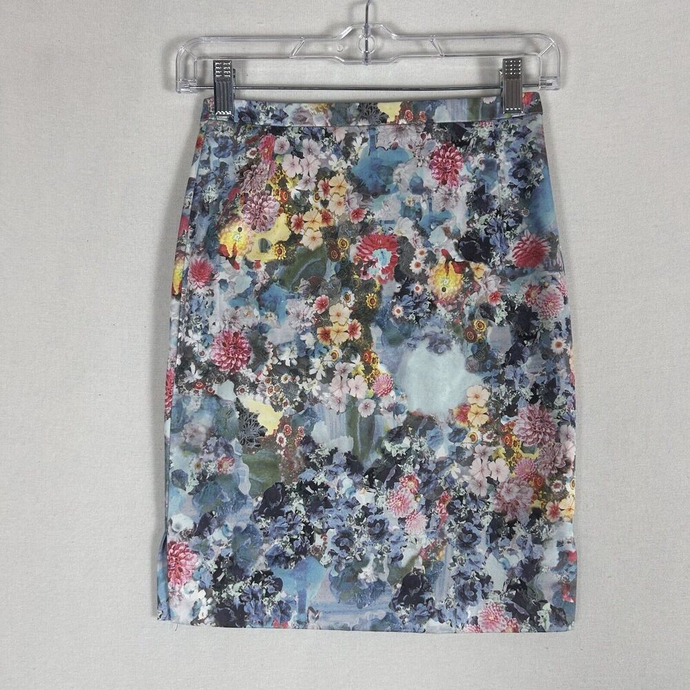 H&M Lined Pencil Skirt Size 2 Floral 100% Polyester Colorful Professional Work